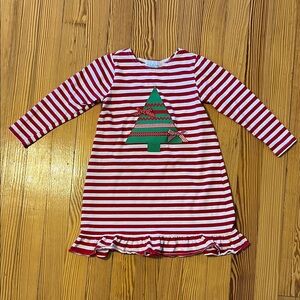 Festive Red and White Striped Dress With Christmas Tree